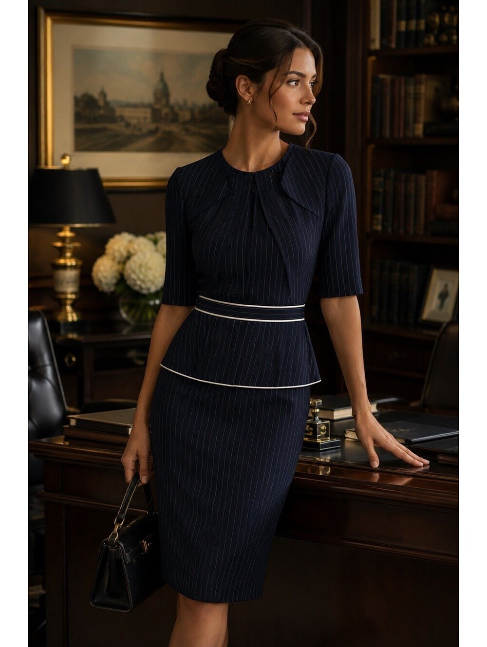 VFSHOW Women’s XL Navy Pinstripe Peplum Sheath Dress White Trim NWT Business